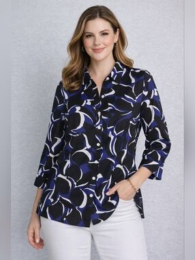 Chico’s Blue Black Abstract Blouse Small/6 Modern Chic Office Casual Top
